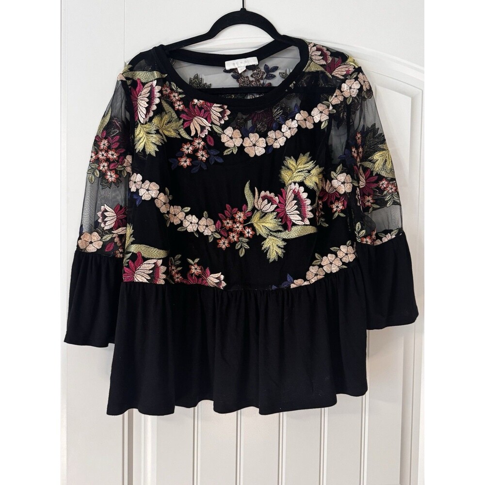 Anthropologie Eri + Ali Ornate Embroidery Top L Floral Mesh Peplum Black